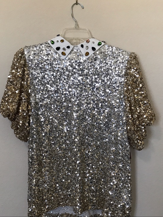 Ivy City Co Tops - Ivy City Co Silver and Gold Sequin Short Sleeve Top with Embellished Collar